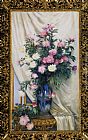 Peonies Canvas Paintings - Peonies in a Blue Vase on a Draped Regency Giltwood Console Table